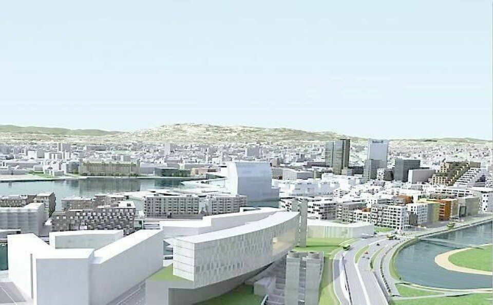 Slik vil Bjørvika se ut fra Ekeberg. I reguleringsplanen tas det høyde for at man i framtida kan bygge en gondolbane opp hit. ILLUSTRASJON: PLAN- OG BYGNINGSETATEN