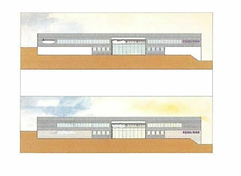 Slik seg Rema 1000 for seg at den nye butikken på Jeløy kan bli seende ut. ILLUSTRASJON: REMA EIENDOMSUTVIKLING