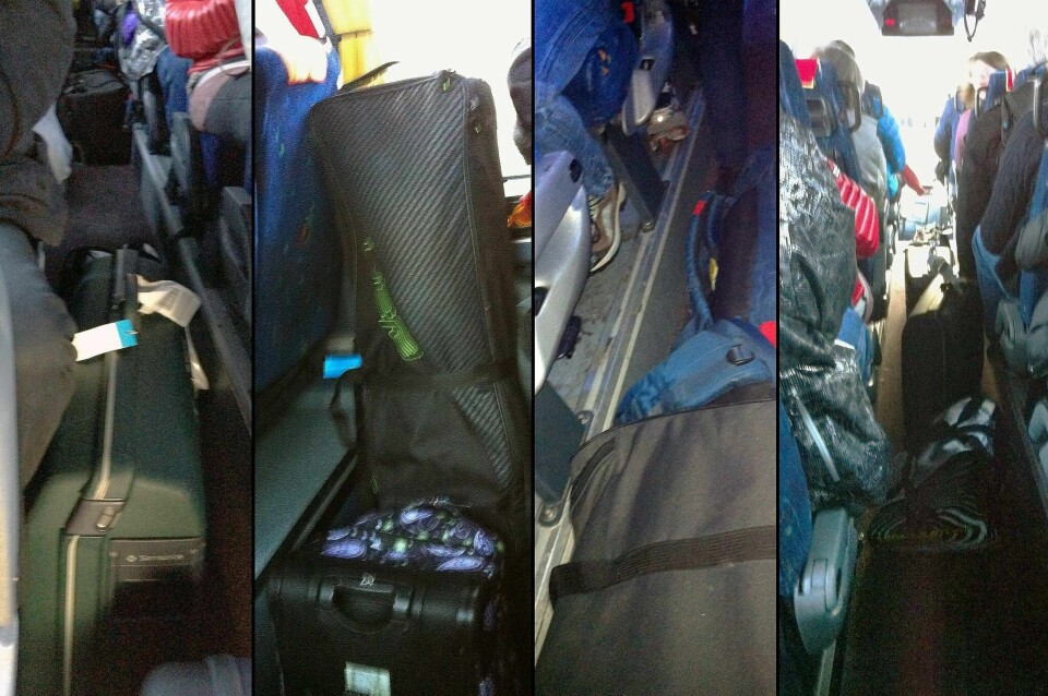 Dette er skrekkbilder som reisende har tatt fra bussturer mot europeiske skimetropoler. Slik bagasjestuing kan være dødsfeller, advarer Europeiske Reiseforsikring og Trygg Trafikk.