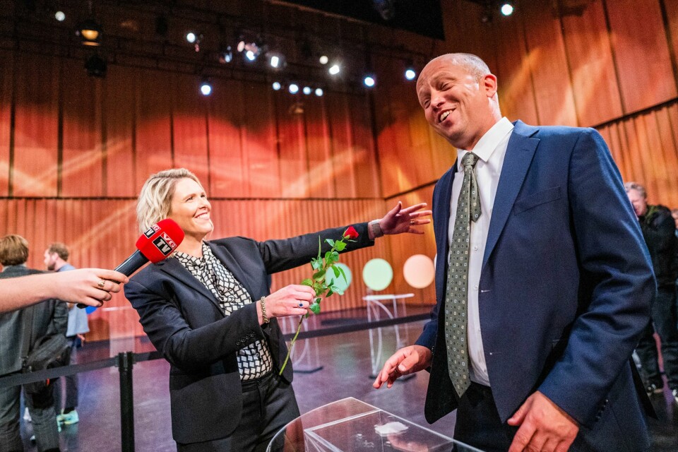 Sylvi Listhaug (Frp) og Trygve Slagsvold Vedum (Sp) etter partilederdebatten i Bodø. Frp var andrevalget for hele 20 prosent av Sp-velgerne. Sylvi Listhaug (Frp) og Trygve Slagsvold Vedum (Sp) etter partilederdebatten i Bodø. Frp var andrevalget for hele 20 prosent av Sp-velgerne. Foto: Håkon Mosvold Larsen / NTB