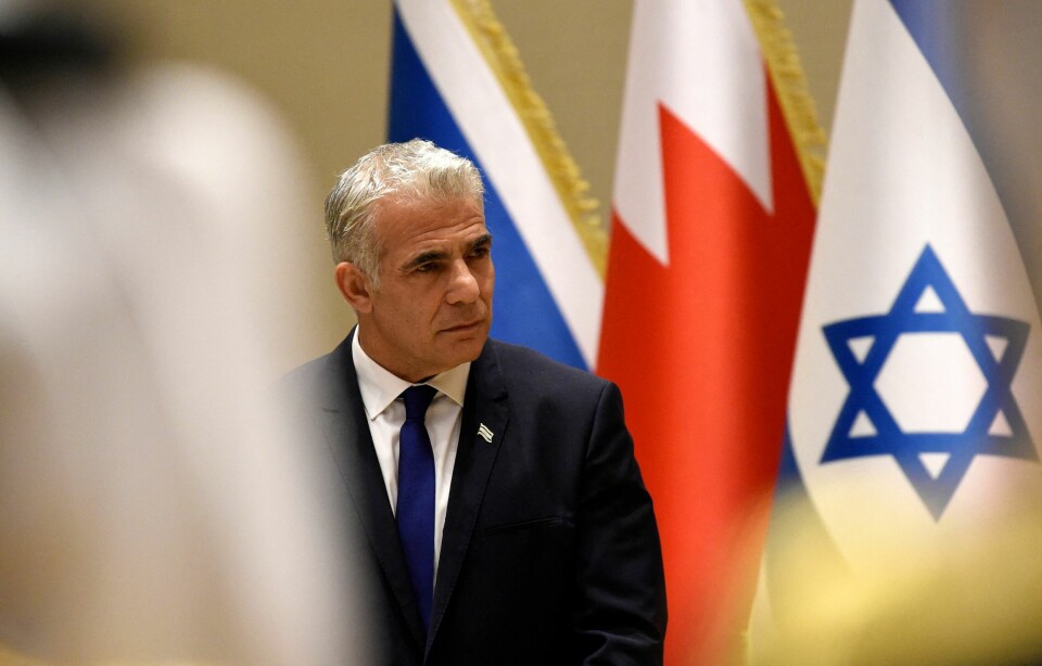 Israels utenriksminister Yair Lapid på besøk i Bahrain 30. september der han skulle åpne Israels nye ambassade, ett år etter at de to landene normaliserte forholdet. Israels utenriksminister Yair Lapid på besøk i Bahrain 30. september der han skulle åpne Israels nye ambassade, ett år etter at de to landene normaliserte forholdet.