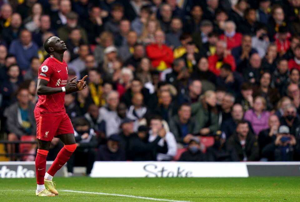 Sadio Mané scoret sitt 100. Premier League-mål i kampen mot Watford lørdag. Sadio Mané scoret sitt 100. Premier League-mål i kampen mot Watford lørdag. Foto: Tess Derry/PA via AP / NTB