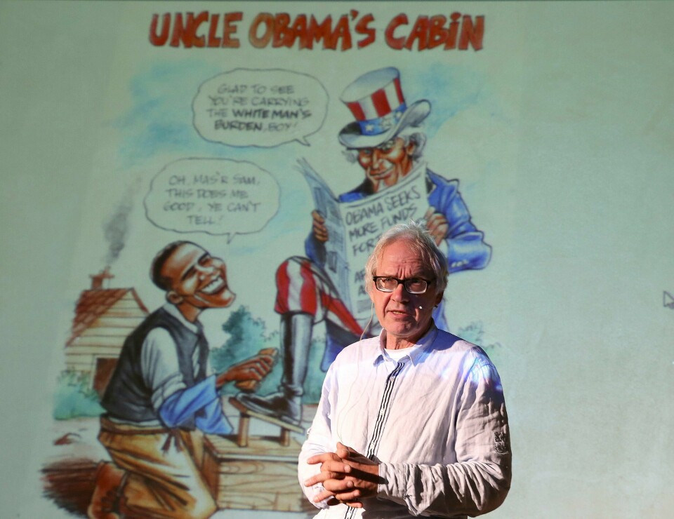 Den svenske kunstneren Lars Vilks uder et foredrag på Deichmanske bibliotek i Oslo i 2014. Lars Vilks