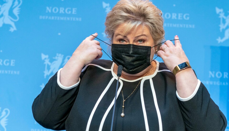 Oslo 20210319. Statsminister Erna Solberg under presentasjonen av stortingsmelding om ny nasjonal transportplan (NTP) .Foto: Terje Pedersen / NTB