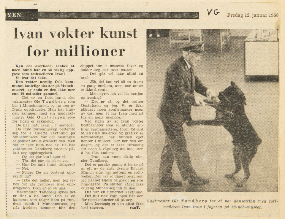 VG-sak om vakthunden Ivan, som fikk jobben uten opptrening. Faksimile fra VG. VG-sak om vakthunden Ivan, som fikk jobben uten opptrening.