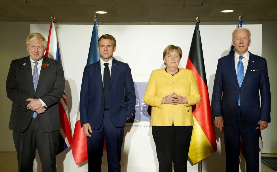 Boris Johnson, Emmanuel Macron, Angela Merkel og Joe Biden møttes i Roma i helgen, og kommer også til Glasgow. Det gjør imidlertid ikke Vladimir Putin og Xi Jinping. Boris Johnson, Emmanuel Macron, Angela Merkel og Joe Biden møttes i Roma i helgen, og kommer også til Glasgow. Det gjør imidlertid ikke Vladimir Putin og Xi Jinping.