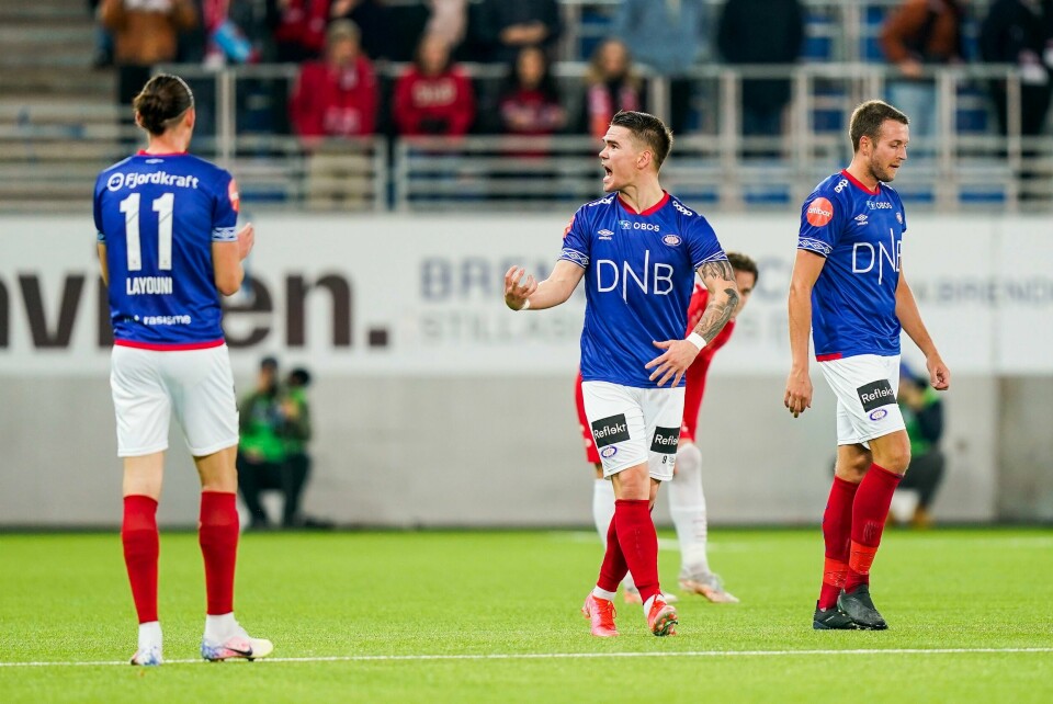 Vidar Örn Kjartansson jubler etter 1-0-målet som sendte Vålerenga i ledelsen mot Brann søndag. Vidar Örn Kjartansson jubler etter 1-0-målet som sendte Vålerenga i ledelsen like før pause.