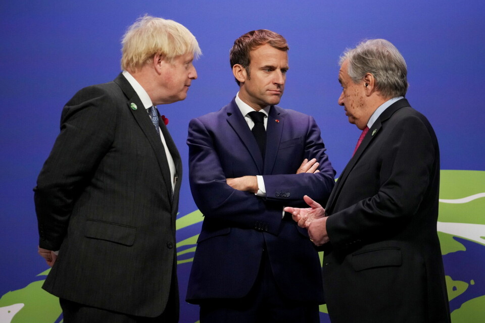 Storbritannias statsminister Boris Johnson, Frankrikes president Emmanuel Macron og FNs generalsekretær Antonio Guterres på plass ved COP26 mandag. Storbritannias statsminister Boris Johnson, Frankrikes president Emmanuel Macron og FNs generalsekretær Antonio Guterres på plass ved COP26 mandag.