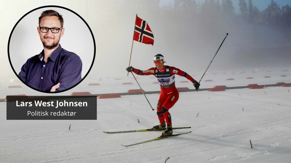 Ski-VM 2011 Holmenkollen. Skidronninga Marit Bjørgen i suveren tet for Norge. Mye tyder på at toppidrettens vinnerkultur i farlig grad preger både bredde- og barneidretten, skriver vår kommentator. Lars West Johnsen (innfelt) og Marit Bjørgen.