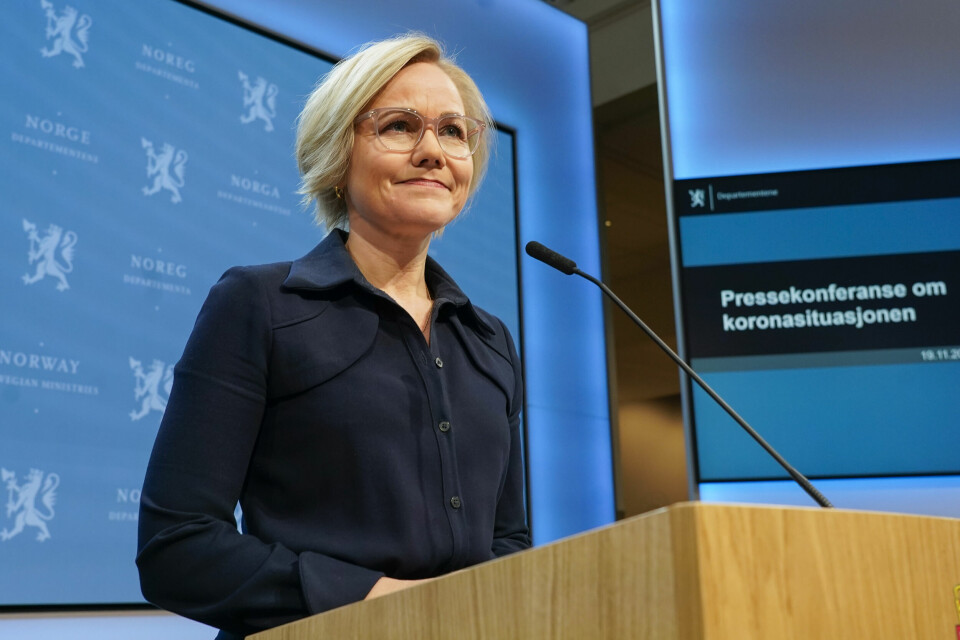 Helse- og omsorgsminister Ingvild Kjerkol under fredagens pressekonferanse om koronasituasjonen. Helse- og omsorgsminister Ingvild Kjerkol under fredagens pressekonferanse om koronasituasjonen.
