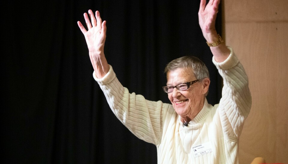Kim Friele døde mandag. Hun ble 86 år gammel. Oslo 20190614.Kim Friele holder foredrag for Oslo-politiet på åpningsdagen for Prideuken i Oslo.Foto: Ryan Kelly / NTB