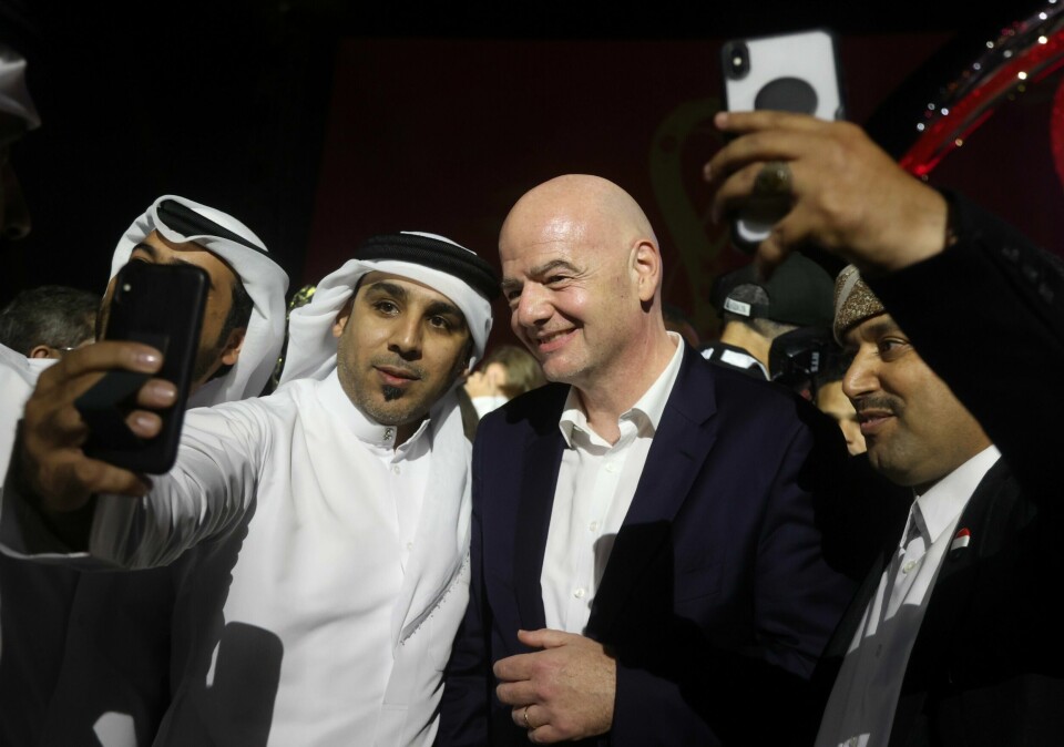 FIFA-president Gianni Infantino gleder seg åpenbart til VM om et år. Her fra feiringen i forrige uke. FIFA president Gianni Infantino gleder seg åpenbart til VM om et år. Her fra feiringen i forrige uke.