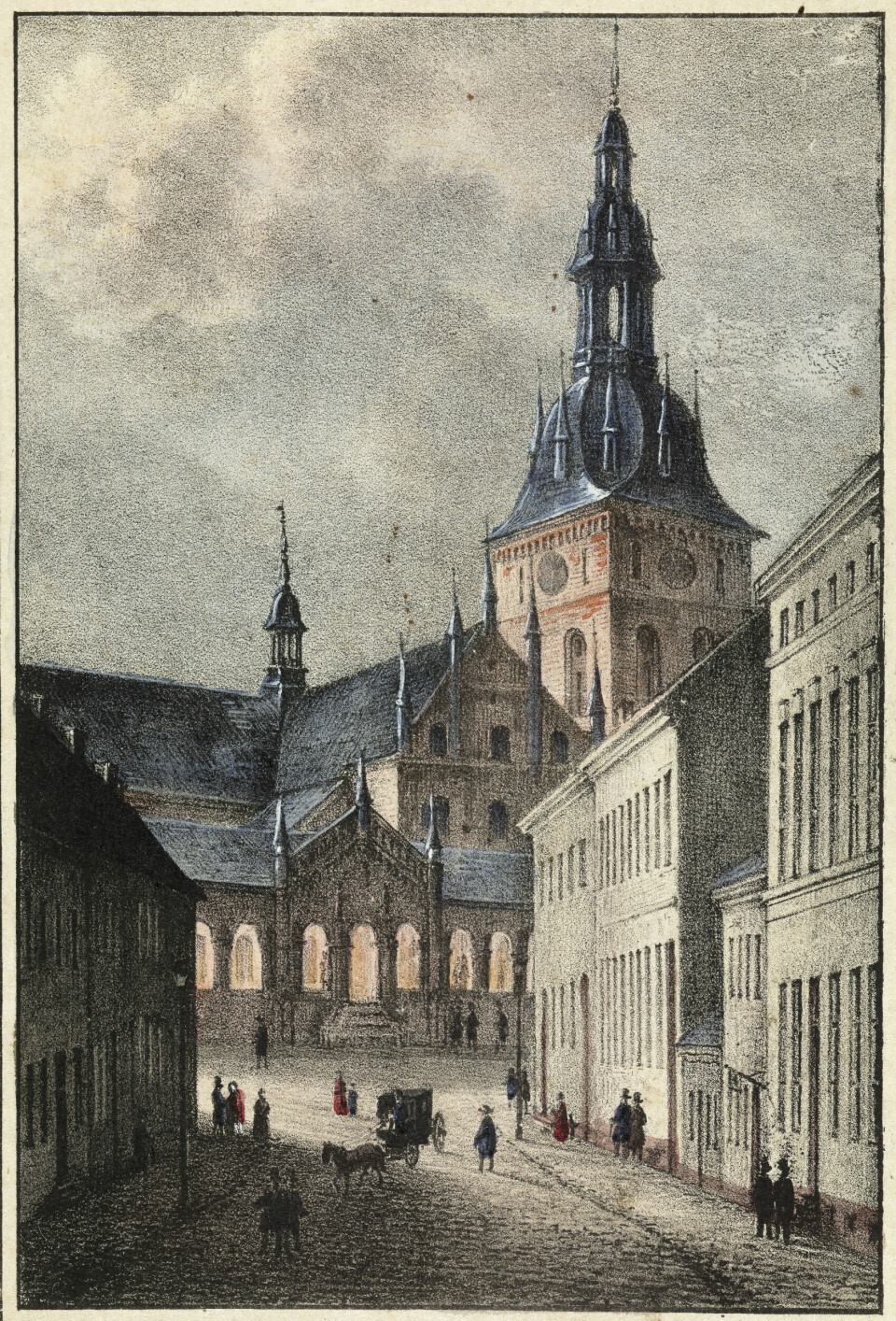Bazaren og Vår Frelsers kirke slik den så ut etter ombyggingen på 1850-tallet, sett fra Storgata. Kopi etter Joachim Frich. Bazaren og Vår Frelsers kirke slik den så ut etter ombyggingen på 1850-tallet, sett fra Storgata. Kopi etter Joachim Frich.