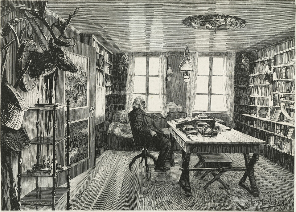 Peter Christen Asbjørnsen i sitt arbeidsværelse. Tegnet av L. Norberg etter et foto av Martin Peder Væring for «Ny illustr. Tid». Peter Christen Asbjørnsen i sitt arbeidsværelse. Tegnet av L. Norberg etter et foto av Martin Peder Væring for «Ny illustr. Tid».