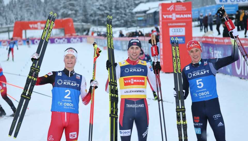 Østerrikske Johannes Lamparter, Jarl Magnus Riber og tyske Eric Frenzel i mål etter det individuelle langrennet for kombinert herrer under world cup konkurransen på Birkebeineren Skistadion på Lillehammer. Østerrikske Johannes Lamparter, Jarl Magnus Riber og tyske Eric Frenzel i mål etter det individuelle langrennet for kombinert herrer under world cup konkurransen på Birkebeineren Skistadion på Lillehammer.
