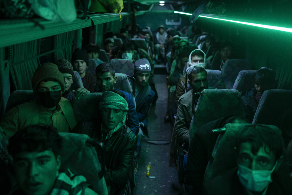 Afghanske menn om bord en buss i Herat, på vei mot Nimrooz ved grensa til Iran. Flere tusen mennesker krysser daglig ulovlig fra Afghanistan og inn i nabolandet. Afghanske menn sitter om bord en buss i Herat, på vei mot Nimrooz ved grensa til Iran.