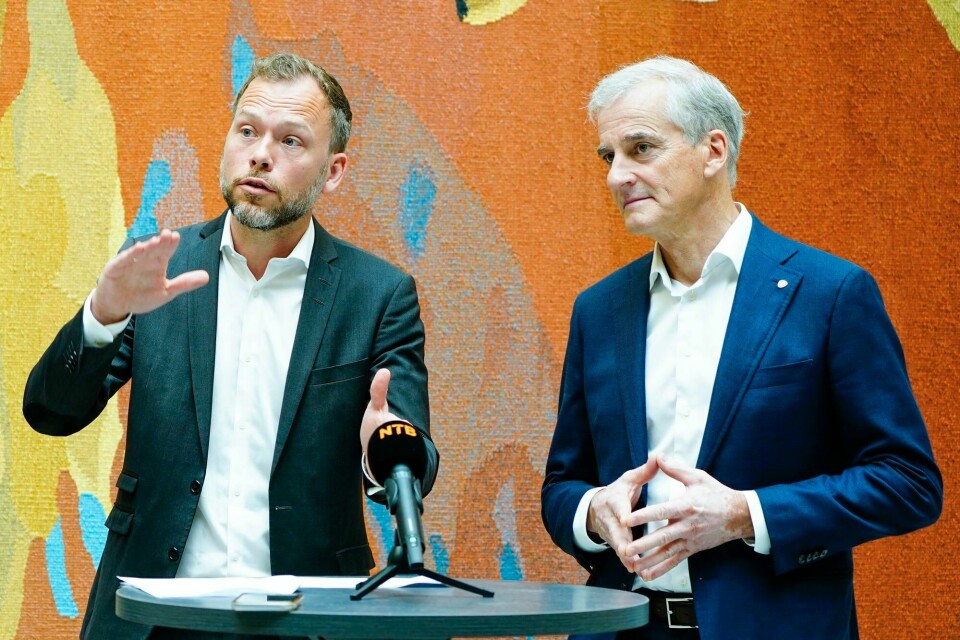 SV-leder Audun Lysbakken og statsminister Jonas Gahr Støre under et tidligere møte i Vandrehallen i Stortinget. Audun Lysbakken