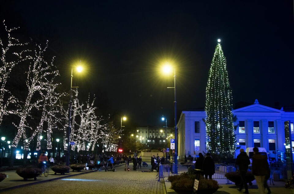 Geir Thomas Risåsen skulle ønske kommunene beholdt juletreet til 20. dags jul, slik tradisjonen tilsier. Oslo 20201128. Oslos paradegate Karl Johan med med lys i trærne og et opplyst juletre på Universitetsplassen, med Slottet i bakgrunnen.Foto: Erik Johansen / NTB