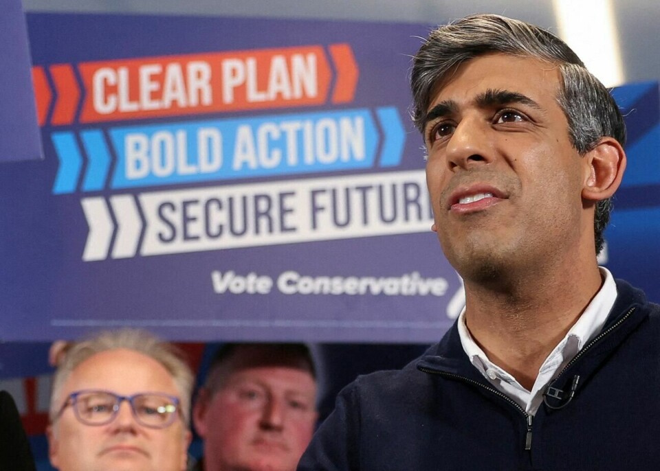 Statsminister og Tory-leder Rishi Sunak går mot et sviende nederlag i det britiske valget. Statsminister og Tory-leder Rishi Sunak går mot et sviende nederlag i det britiske valget.
