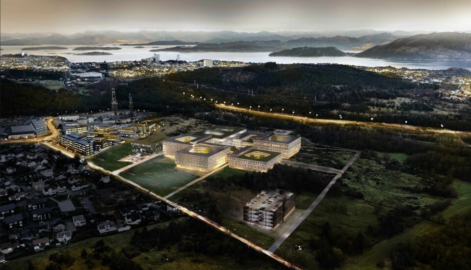 Regjeringen foreslår å gi lån til Helse Stavanger for å bygge nytt universitetssykehus på Ullandhaug. Dette betyr at store deler av sykehuset kan flytte inn i nye bygg i 2023. Illustrasjon: Helse Stavanger