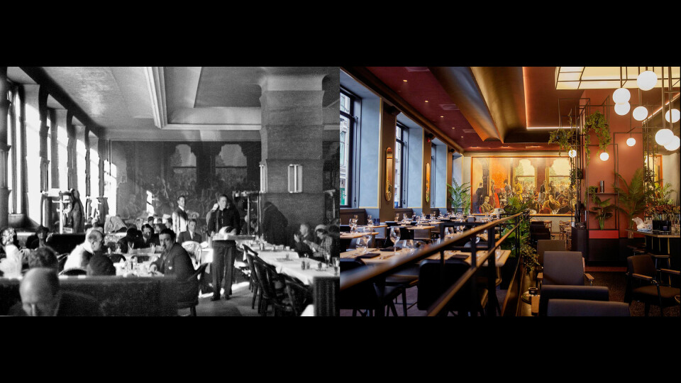 1933 og 2016. I 1929-30 fikk restauranten sine kjente veggmalerier, signert Per Krogh. Det største maleriet viser forfattere, kunstnere og sentrale personer som holdt til på Grand Café i bohemtiden på slutten av 1800-tallet. 1933 og 2016. I 1929-30 fikk restauranten sine kjente veggmalerier, signert Per Krogh. Det største maleriet viser forfattere, kunstnere og sentrale personer som holdt til på Grand Café i bohemtiden på slutten av 1800-tallet.
