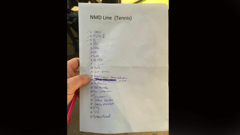 Du skriver deg på en liste når du ankommer køen. Så er det opprop med jevne mellomrom. Her ser vi den første siden av listen over køen. Du skriver deg på en liste når du ankommer køen. Så er det opprop med jevne mellomrom. Her ser vi den første siden av listen over køen.
