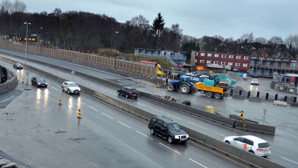 Trafikken mot Stavanger blir justert inn i lommen som vises på bildet, mens trafikken sørover får en tilsvarende justering mot venstre. Foto: Vegvesenet