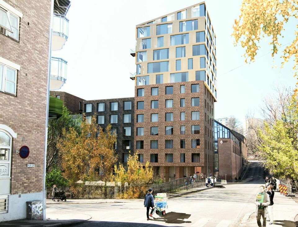 Slik ser vinnerutkastet til A-LAB arkitekter ut for ny studentby i Brenneriveien 11 på Grünerløkka. Her sett fra Nordre gate.