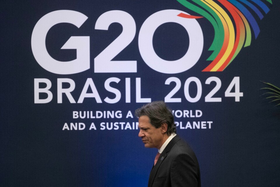 Brasils finansminister Fernando Haddad under en pressekonferanse i etterkant av G20-møtet. Brasils finansminister Fernando Haddad under en pressekonferanse i etterkant av G20-møtet. Foto: Bruna Prado / AP / NTB