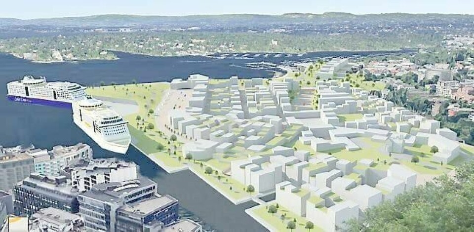 Slik kan Filipstad-området (sett mot Bygdøy) bli seende ut om «plansmia» får sitt forslag igjennom. Tjuvholmen i forgrunnen. ILLUSTRASJON: ARKITEKTENE NIELS TORP OG ARNE SØDAL