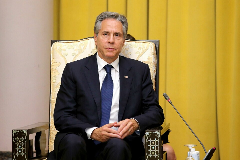 USAs utenriksminister Antony Blinken mener alt tyder på at raketten som traff Golanhøydene, var fra Hizbollah. Luong Thai Linh/Pool Photo via AP