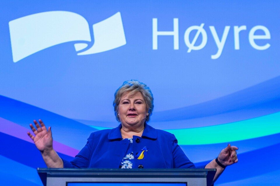 Partileder Erna Solberg under høyres landsmøte på Thon Hotel Gardermoen lørdag. Partileder Erna Solberg under Høyres landsmøte på Thon Hotel Gardermoen lørdag. Foto: Terje Pedersen / NTB