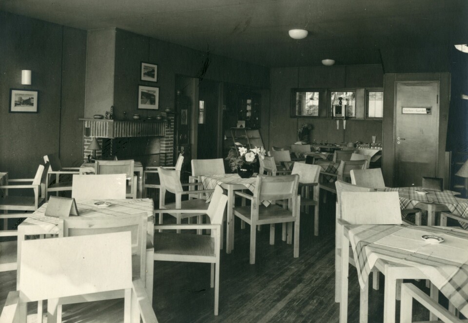 Interiør fra Åspaviljonen, anno 1935. Bildet er brukt i Per Otto Borgens bok, Eventyret om Bragernesåsen. Byhostorie, hjemmepåske