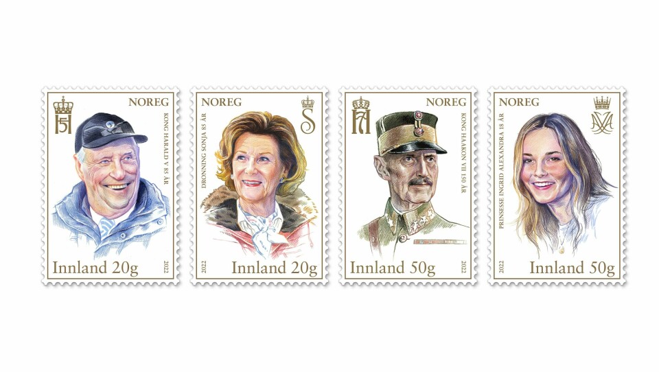 22. april gir Posten ut fire frimerker med de kongelige jubilantene kong Haakon VII, kong Harald V, dronning Sonja og prinsessen Ingrid Alexandra. Frimerkene er tegnet av Trond Bredesen.Foto: Posten Norge / NTB 22. april gir Posten ut fire frimerker med de kongelige jubilantene kong Haakon VII, kong Harald V, dronning Sonja og prinsessen Ingrid Alexandra. Frimerkene er tegnet av Trond Bredesen.Foto: Posten Norge / NTB