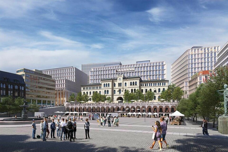 Slik vil det nye regjeringskvartalet se ut sett fra Youngstorget. Det illustrasjonen ikke viser er sikkerhetstiltakene på torget. Illustrasjon