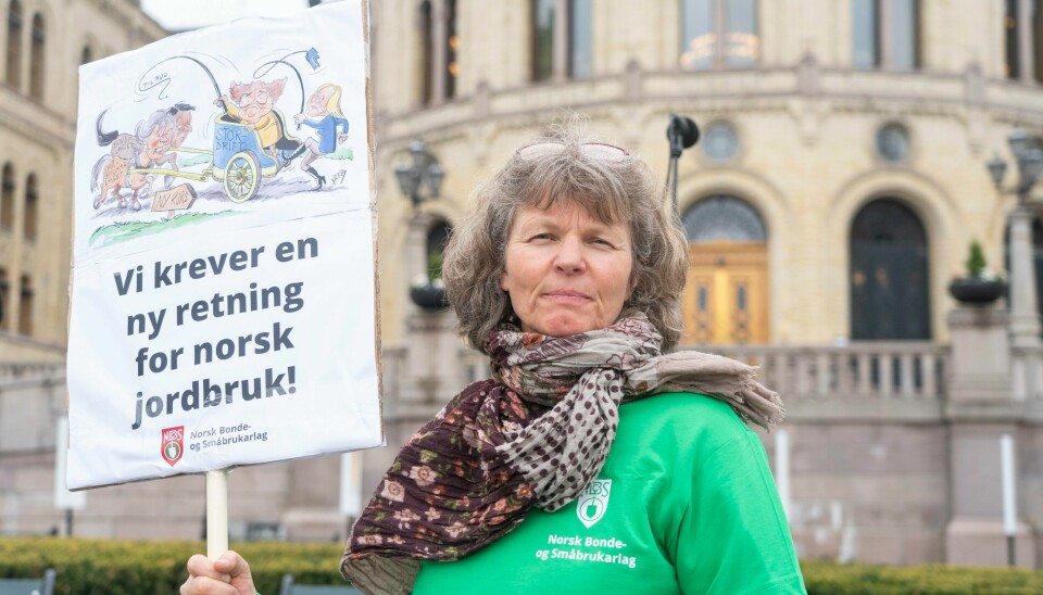 Leder i norsk bonde- og småbrukarlag Kjersti Hoff demonstrerte foran Stortinget i forbindelse med fjorårets jordbruksoppgjør. I år krever bøndene nesten seks ganger mer fra staten enn i fjor. Leder i norsk bonde- og småbrukarlag Kjersti Hoff demonstrerte foran Stortinget i forbindelse med fjorårets jordbruksoppgjør. I år krever bøndene nesten seks ganger mer fra staten enn i fjor.