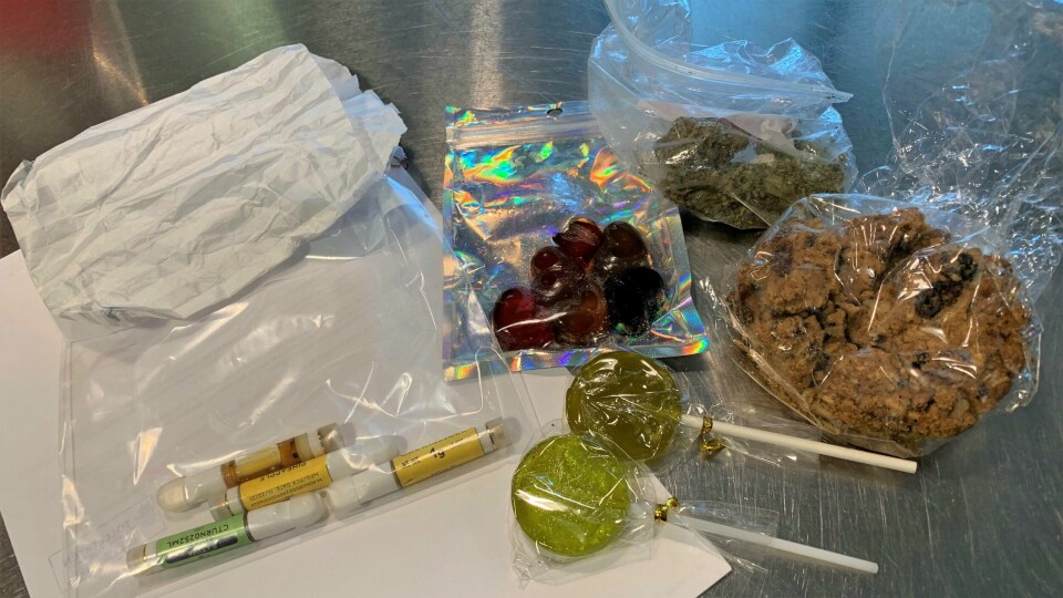 Fordelt på to sekker om bord i turnébussen fant tollerne flere ulike typer godteri tilsatt cannabis. Ulike typer godteri tilsatt cannabis, beslaglagt ved Svinesund tollsted 25. april 2022.