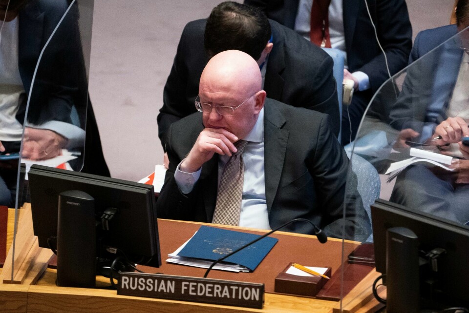 Russland boikotter et møte i FNs sikkerhetsråd onsdag, ifølge diplomatkilder. Bildet viser den russiske FN-ambassadøren Vasilij Nebenzia under et møte i Sikkerhetsrådet 5. april. Russland boikotter et møte i FNs sikkerhetsråd onsdag, ifølge diplomatkilder. Bildet viser den russiske FN-ambassadøren Vasilij Nebenzia under et møte i Sikkerhetsrådet 5. april. Foto: John Minchillo / AP / NTB