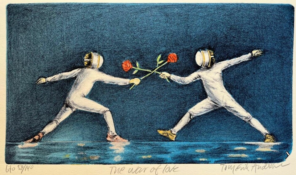 Tom Erik Andersen har skapt et gjenkjennelig og særegent uttrykk, og hans surrealistiske bilder formidles gjennom et rent og direkte formspråk. «The war of love» heter dette. Tom Erik Andersen