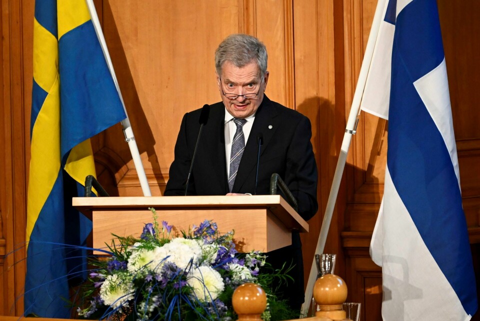 Illustrasjonsfoto: Finlands president Sauli Niinisto holder tale på Riksdagen in Stockholm tirsdag 17. mai. Finland's President Sauli Niinisto delivers a speach at the parliament Riksdagen in Stockholm Tuesday 17 May. Finland's President Sauli Niinistö and his wife Jenni Haukio are paying a two day long State Visit to Sweden at the invitation of His Majesty The King Carl Gustaf. (Anders Wiklund/TT News Agency via AP)