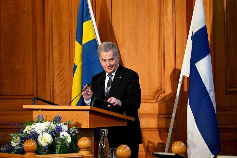 Finlands president Sauli Niinistö taler til den svenske riksdagen i Stockholm under et statsbesøk i Sverige. Finlands president Sauli Niinistö taler til den svenske riksdagen i Stockholm under et statsbesøk i Sverige. Foto: Anders Wiklund / TT / NTB