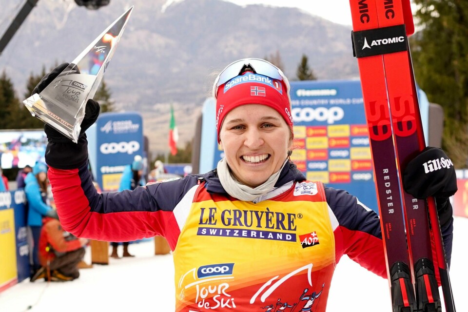 Tiril Udnes Weng etter den siste etappen opp alpinbakken Alpe Cermis i Val di Fiemme søndag. Foto: Terje Pedersen / NTB Tiril Udnes Weng etter den siste etappen opp alpinbakken Alpe Cermis i Val di Fiemme søndag. Foto: Terje Pedersen / NTB