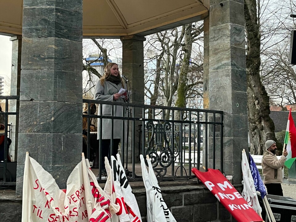 Madelen Mæland fra Norske Kvinners Sanitetsforening under kvinnedagsmarkeringen i Stavanger. Madelen Mæland fra Norske Kvinners Sanitetsforening under kvinnedagsmarkeringen i Stavanger.
