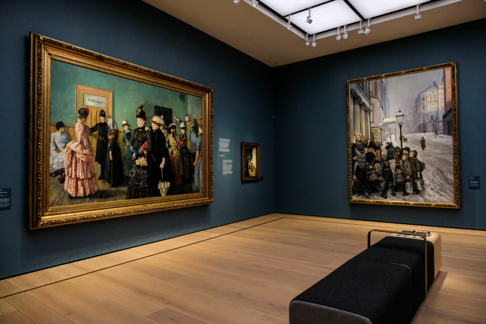 Norsk realisme i Christian Krohgs «Albertine i politilegens venteværelse», som i Nasjonalmuseet deler rom med «Kampen for tilværelsen». Nasjonalmuseet.