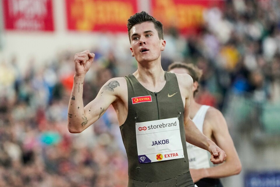 Jakob Ingebrigtsen jubler etter å ha vunnet drømmemila menn under Diamond League Bislett Games 2022. Jakob Ingebrigtsen jubler etter å ha vunnet drømmemila menn under Diamond League Bislett Games 2022.
