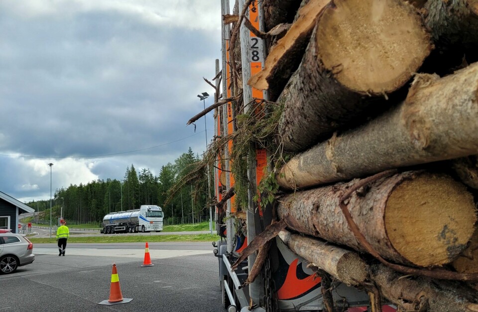 En norsk tømmertransport over grensa i Ørje var for bred, og sjåføren måtte ut med saga før han fikk kjøre videre. En norsk tømmertransport over grensa i Ørje var for bred, og sjåføren måtte ut med saga før han fikk kjøre videre.