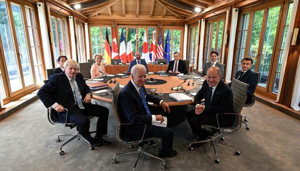Lederne i de sju G7-landene er samlet til toppmøte i Tyskland. EU er også representert ved bordet. Foto: DPA / AP / NTB Lederne i de sju G7-landene er samlet til toppmøte i Tyskland. EU er også representert ved bordet. Foto: DPA / AP / NTB