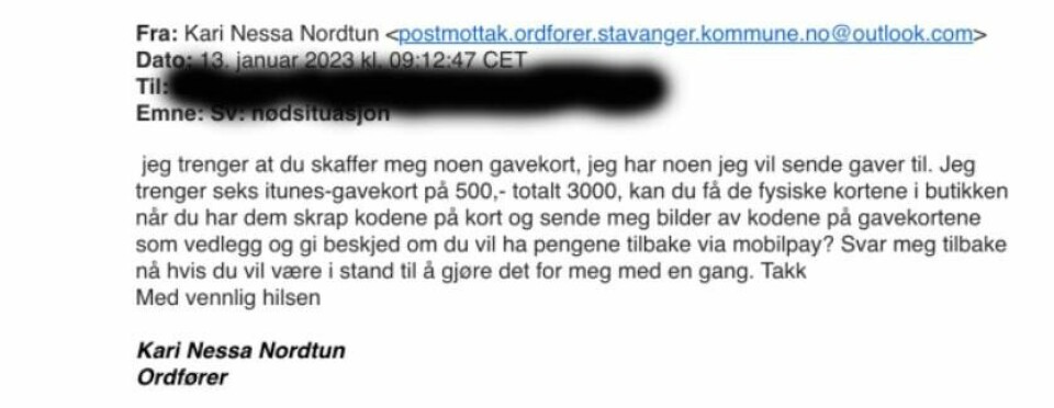 Slik ser e-posten svindlerne sender ut, som angivelig skal være sendt fra Kari Nessa Nordtun. Det er den imidlertid ikke. Slik ser e-posten svindlerne sender ut, som angivelig skal være sendt fra Kari Nessa Nordtun. Det er den imidlertid ikke.