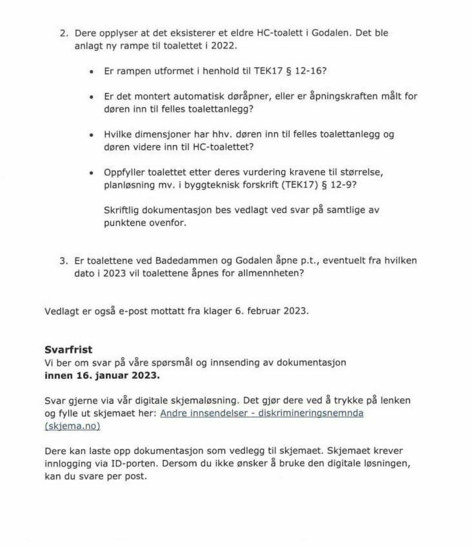 Skjermdump brev fra Diskrimineringsnemda til Stavanger kommune 10. januar 2023. Skjermdump brev fra Diskrimineringsnemda til Stavanger kommune 10. januar 2023.