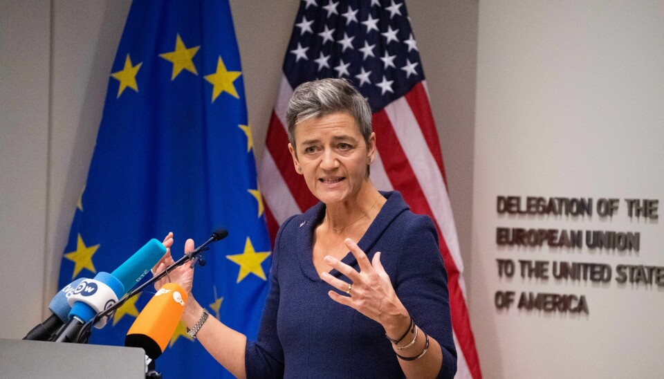 EUs konkurransekommissær Margrethe Vestager. EU Executive Vice-Presidents Margrethe Vestager speaks during a press conference at the Delegation of the European Union in the United States in Washington, DC on December 05, 2022.